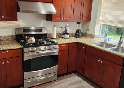 A kitchen with stainless steel appliances, granite countertops, wooden cabinets, a gas stove, a kettle, a blender, and a double sink with a window overlooking a garden.